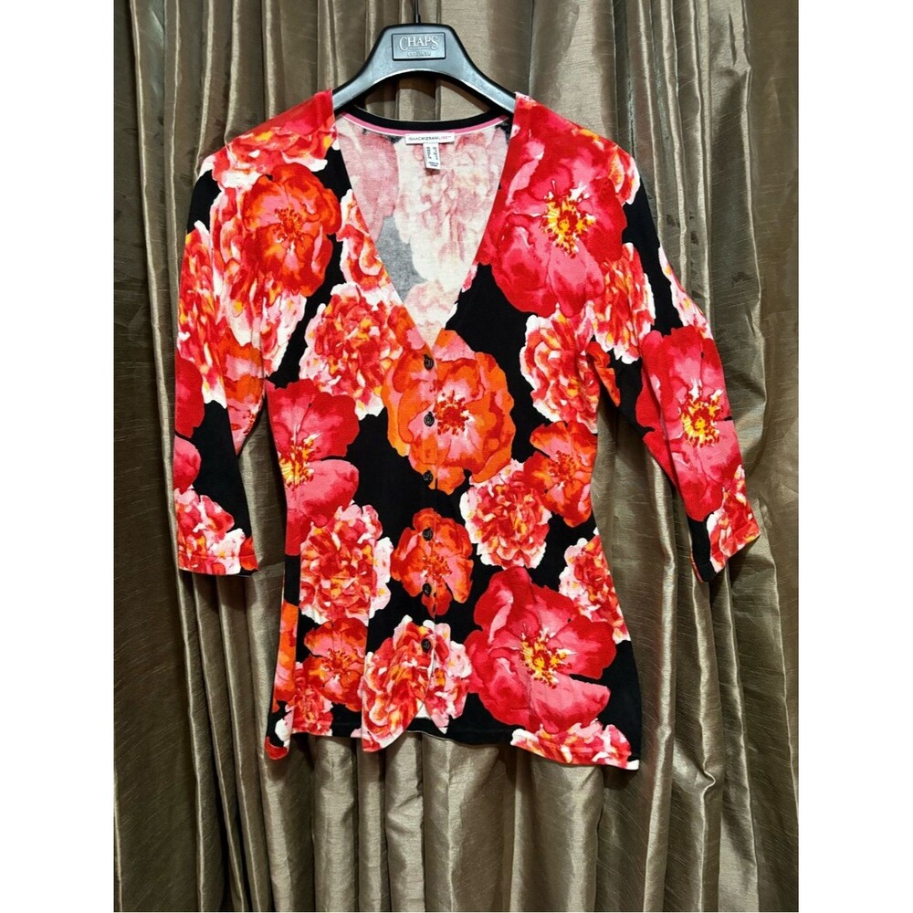 Isaac Mizrahi Black with Red & Orange Floral Print Sweater #1938
